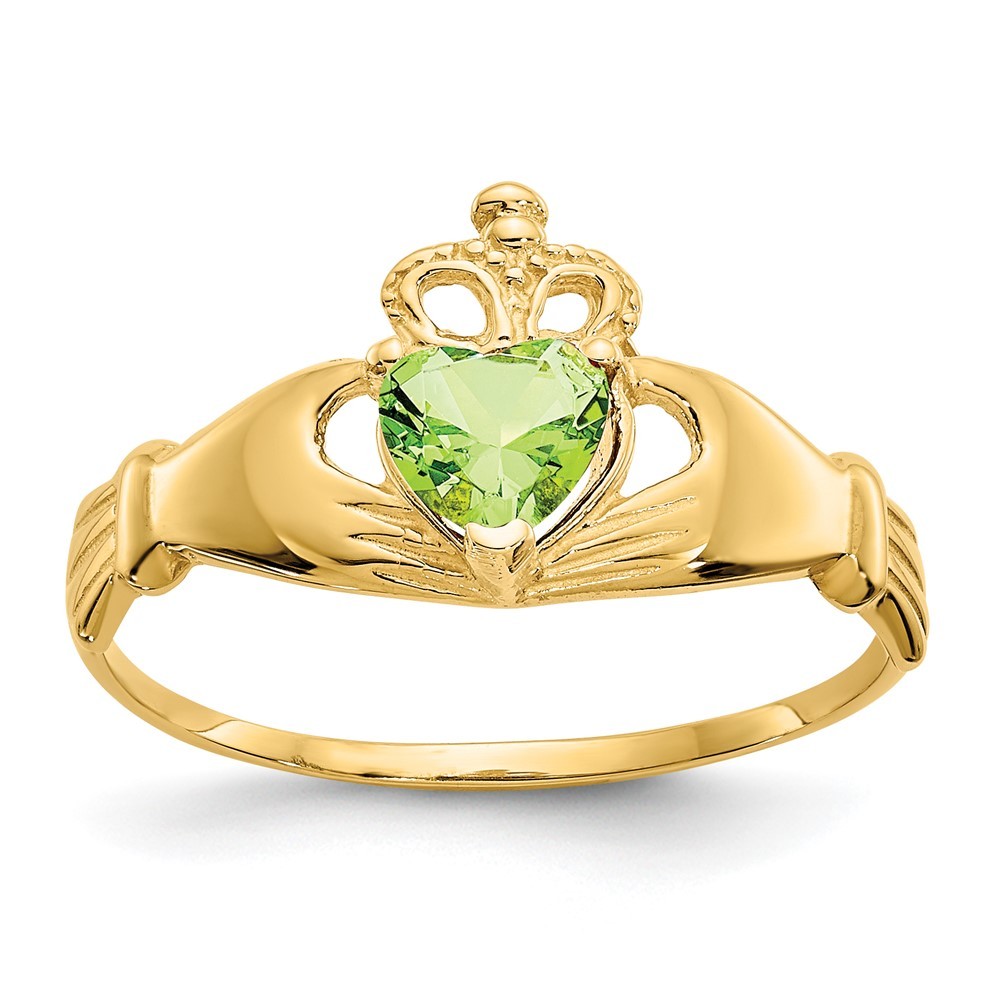 14k Gold Genuine CZ August Birthstone Claddagh Heart Ring, Size 7